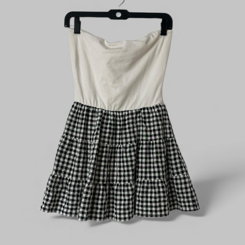 Thirty Thirty Strapless Black & White Gingham Tiered Mini Dress